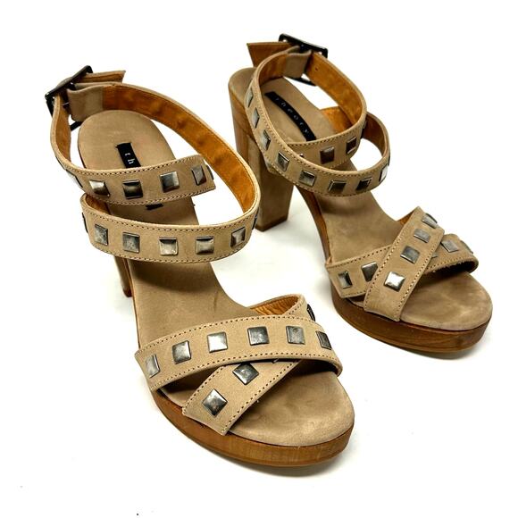 Theory Tan Studded Ankle Wrap Heels - Picture 2 of 12